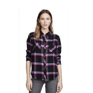 Rails Leo Long Sleeve Plaid Flannel Button Up Shirt Top Onyx Magenta Cayenne XS